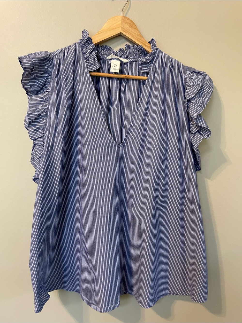 H&M Blue White Striped Ruffle Trim Cotton Blouse XL Flutter Sleeve